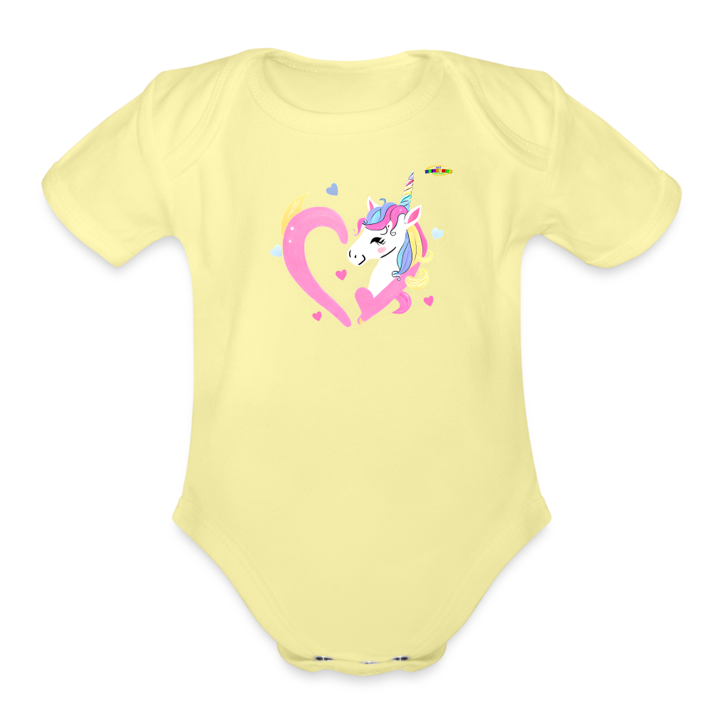 Cute Pastel Rainbow Heart Unicorn Organic Short Sleeve Baby Bodysuit-MyBrightSideClothing - washed yellow