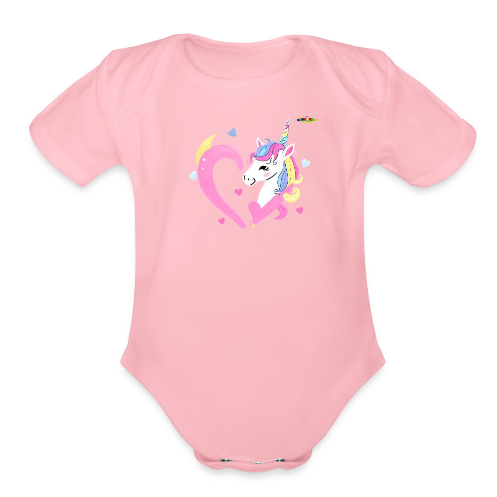 Cute Pastel Rainbow Heart Unicorn Organic Short Sleeve Baby Bodysuit-MyBrightSideClothing - light pink