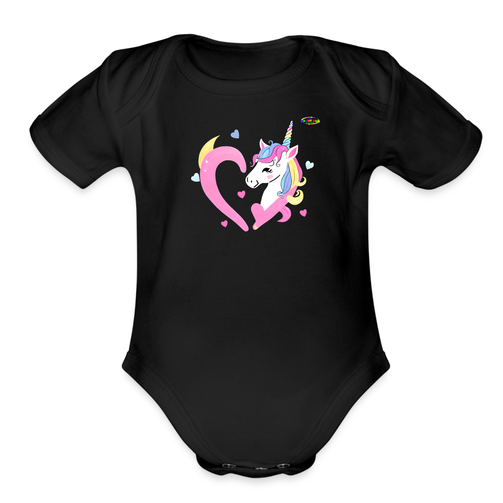 Cute Pastel Rainbow Heart Unicorn Organic Short Sleeve Baby Bodysuit-MyBrightSideClothing - black