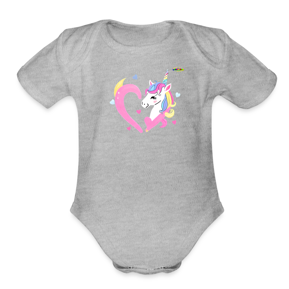 Cute Pastel Rainbow Heart Unicorn Organic Short Sleeve Baby Bodysuit-MyBrightSideClothing - heather grey