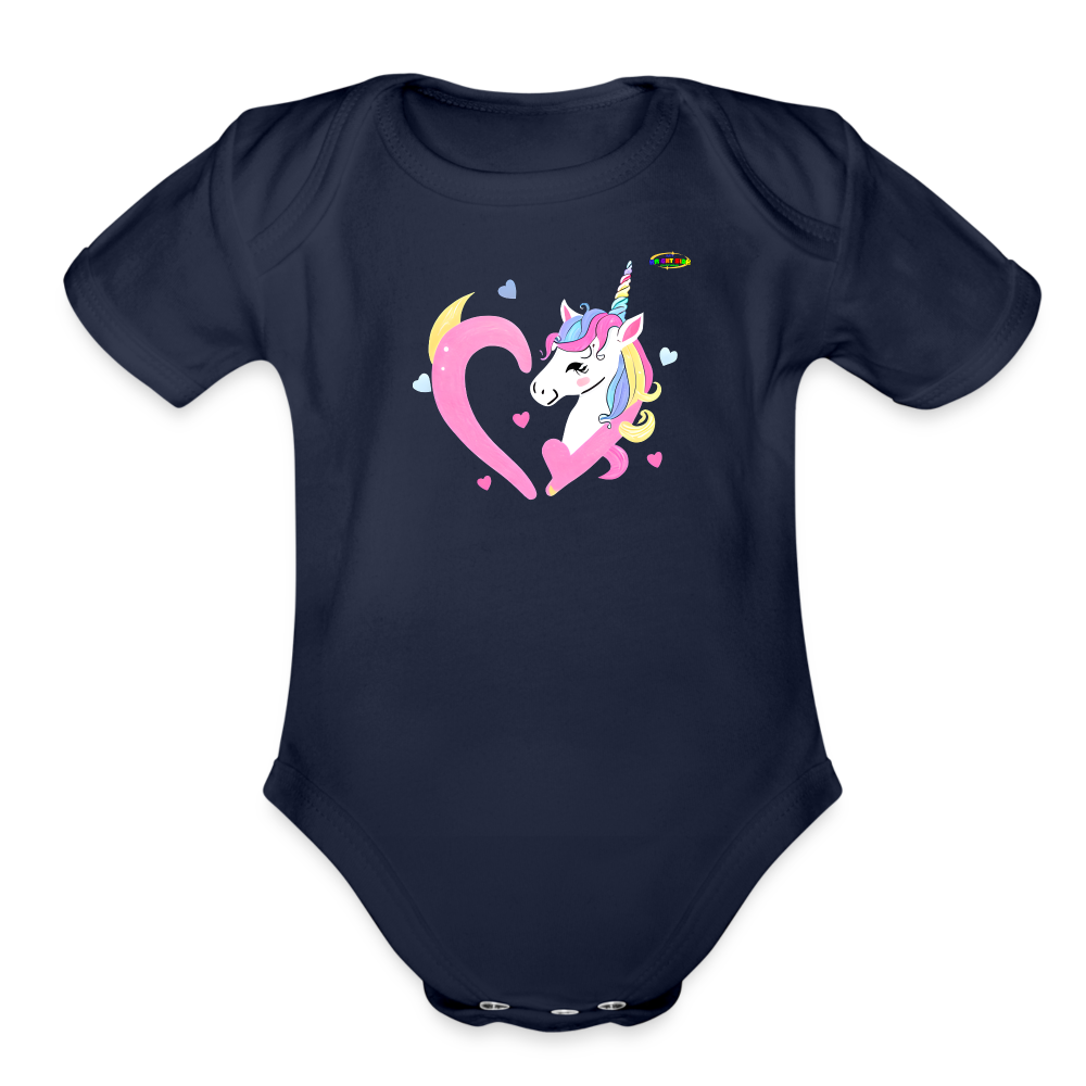 Cute Pastel Rainbow Heart Unicorn Organic Short Sleeve Baby Bodysuit-MyBrightSideClothing - dark navy