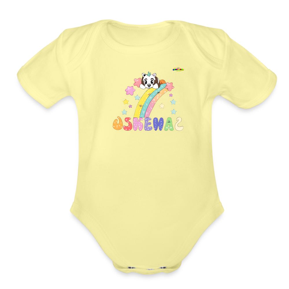 Cute Pastel Rainbow Puppy GraphicOrganic Short Sleeve Baby Bodysuit-MyBrightSideClothing - washed yellow