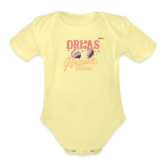 Cute Pastel Dreaming Time Logo Organic Short Sleeve Baby Bodysuit-MyBrightSideClothing - washed yellow