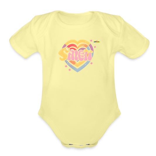 Cute Pastel Sleepy Time Rainbow Heart Organic Short Sleeve Baby Bodysuit-MyBrightSideClothing - washed yellow