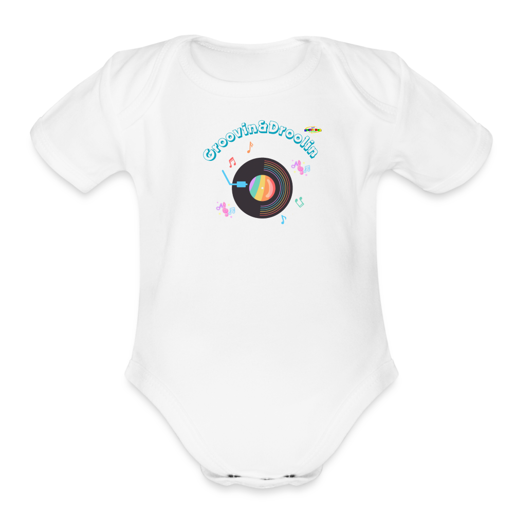 Cute Groovin & Droolin Record Player graphic Organic Short Sleeve Baby Bodysuit-My Bright Side Clothing - white