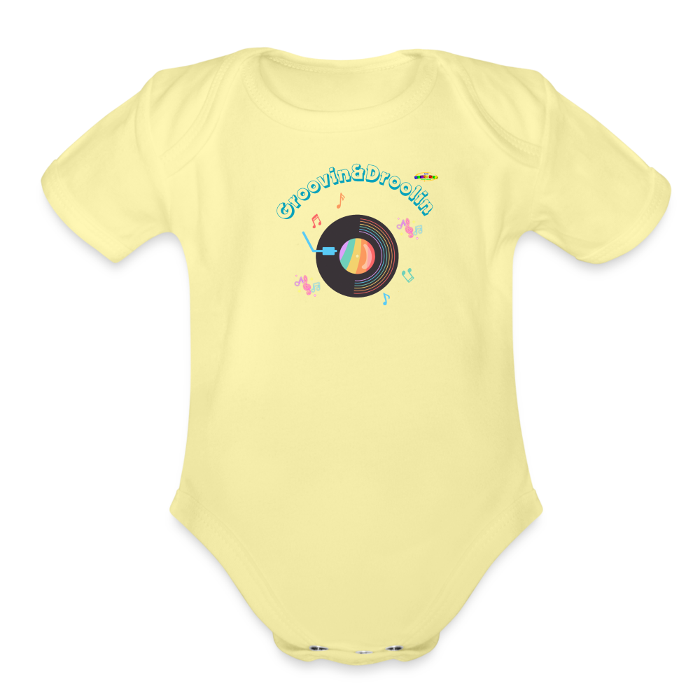 Cute Groovin & Droolin Record Player graphic Organic Short Sleeve Baby Bodysuit-My Bright Side Clothing - washed yellow