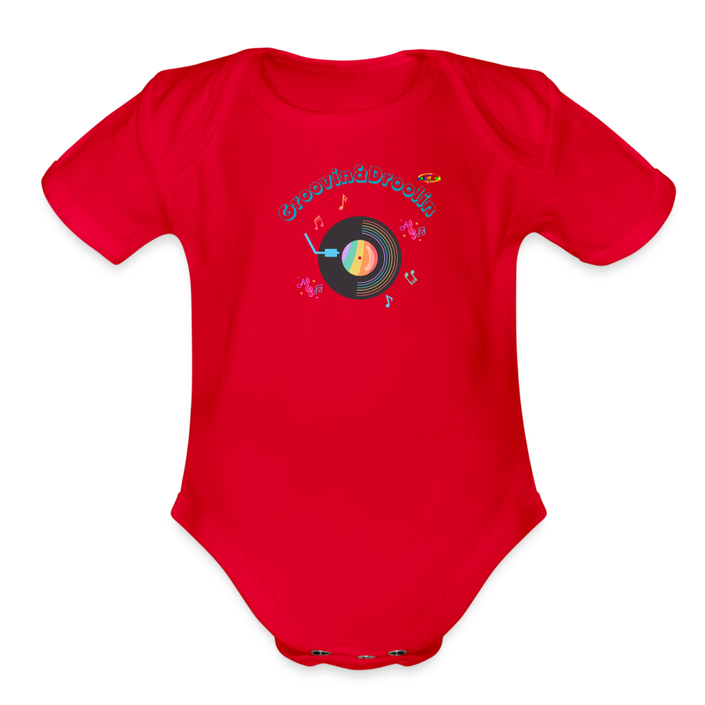 Cute Groovin & Droolin Record Player graphic Organic Short Sleeve Baby Bodysuit-My Bright Side Clothing - red