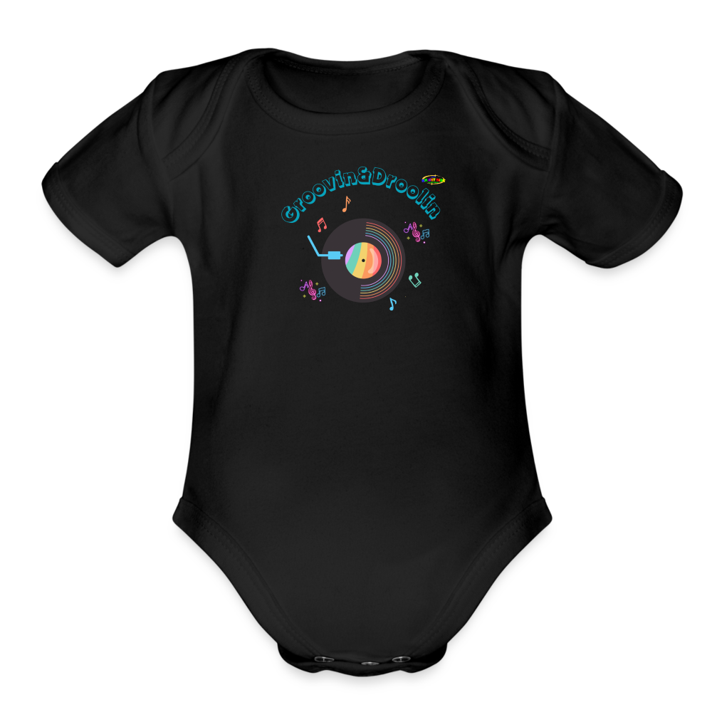 Cute Groovin & Droolin Record Player graphic Organic Short Sleeve Baby Bodysuit-My Bright Side Clothing - black