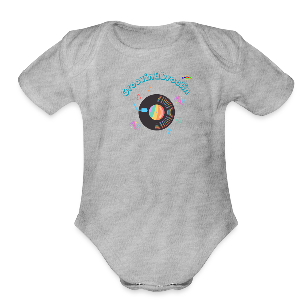 Cute Groovin & Droolin Record Player graphic Organic Short Sleeve Baby Bodysuit-My Bright Side Clothing - heather grey