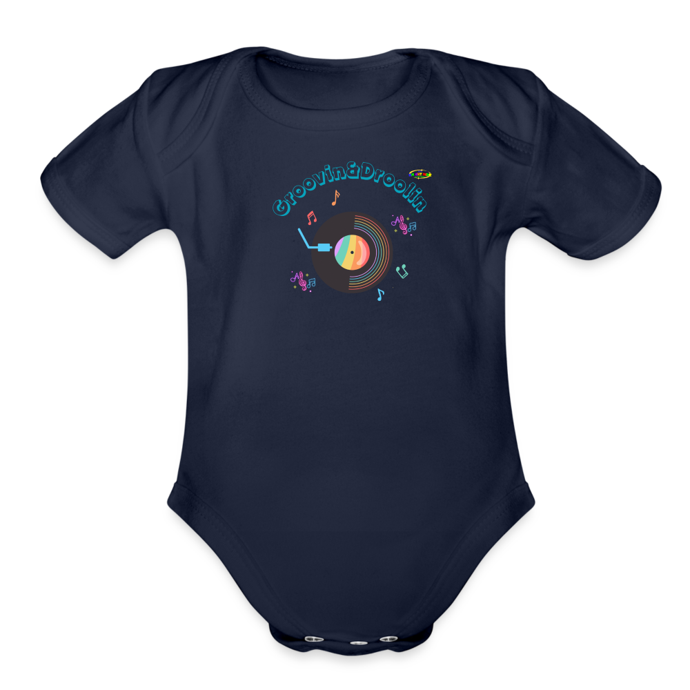 Cute Groovin & Droolin Record Player graphic Organic Short Sleeve Baby Bodysuit-My Bright Side Clothing - dark navy