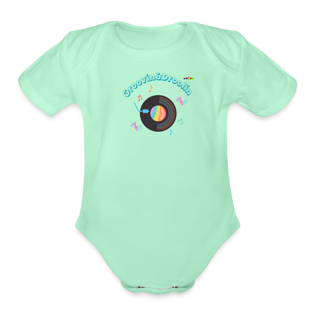 Cute Groovin & Droolin Record Player graphic Organic Short Sleeve Baby Bodysuit-My Bright Side Clothing - light mint