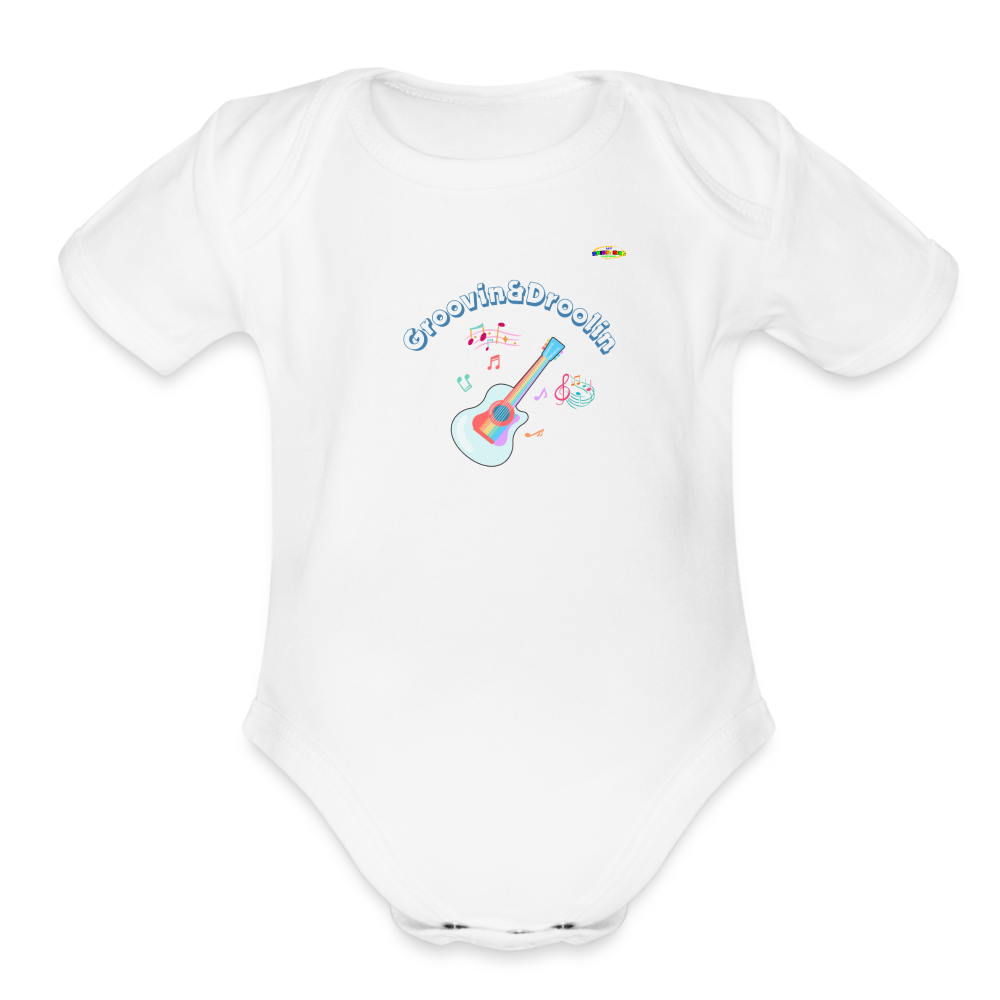 Cute Groovin & Droolin Guitar graphic Organic Short Sleeve Baby Bodysuit-My Bright Side Clothing - white