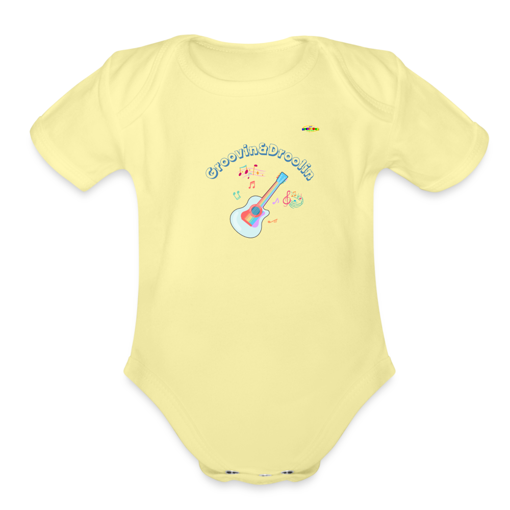 Cute Groovin & Droolin Guitar graphic Organic Short Sleeve Baby Bodysuit-My Bright Side Clothing - washed yellow