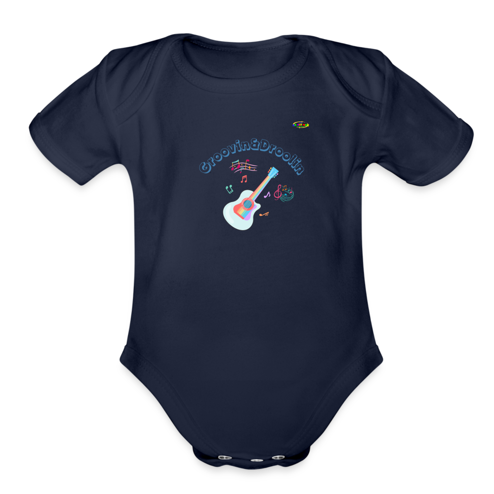 Cute Groovin & Droolin Guitar graphic Organic Short Sleeve Baby Bodysuit-My Bright Side Clothing - dark navy