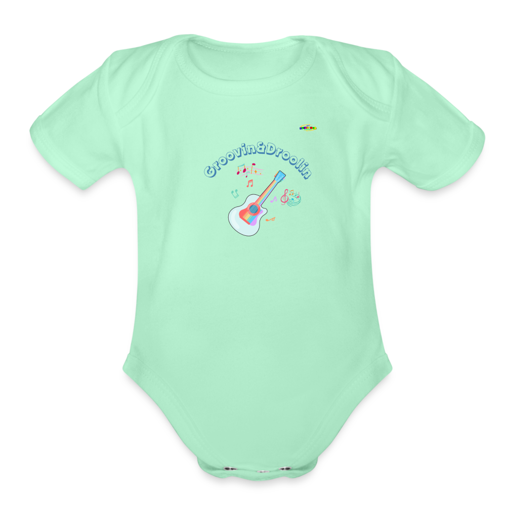 Cute Groovin & Droolin Guitar graphic Organic Short Sleeve Baby Bodysuit-My Bright Side Clothing - light mint