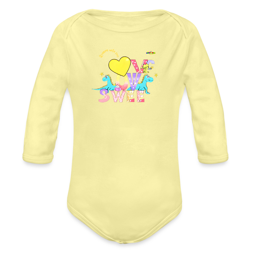 Cute Roaring with Love Dino Graphic Baby Organic long Sleeve Baby Bodysuit-mybrightsideclothing.com - washed yellow