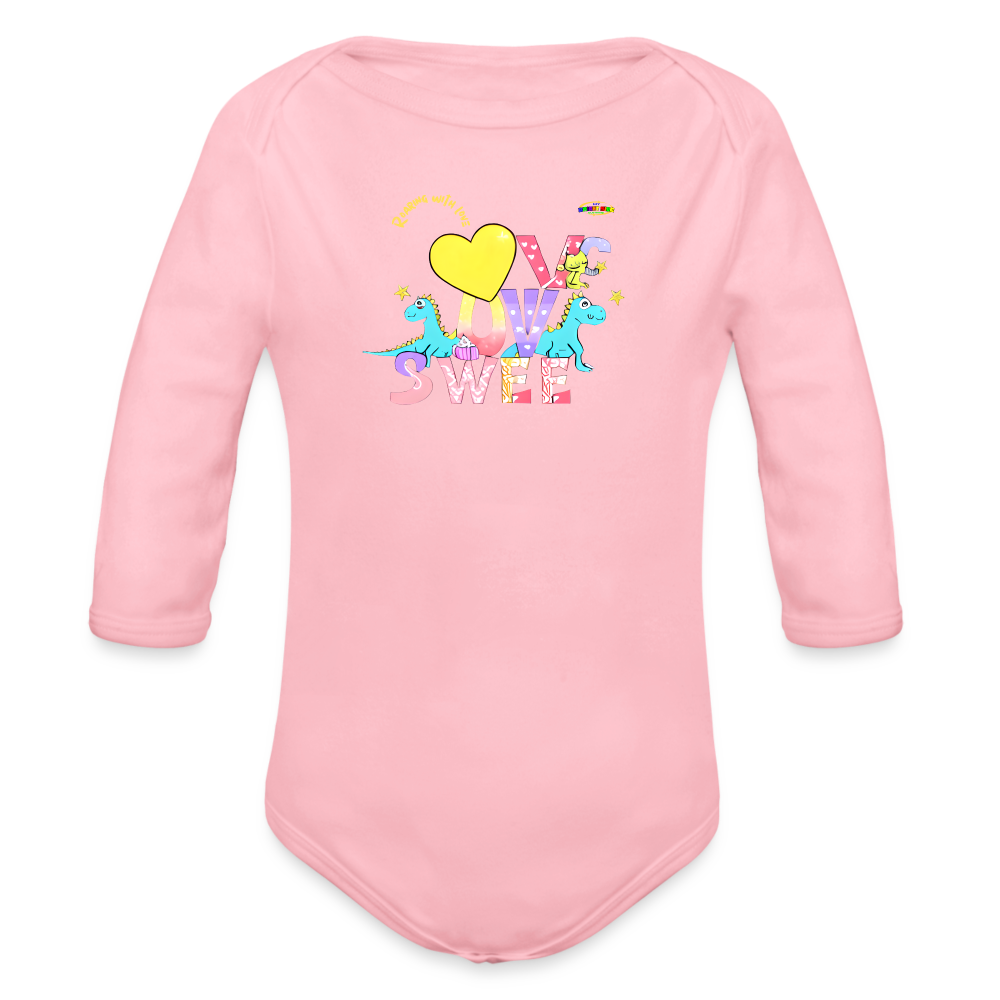 Cute Roaring with Love Dino Graphic Baby Organic long Sleeve Baby Bodysuit-mybrightsideclothing.com - light pink