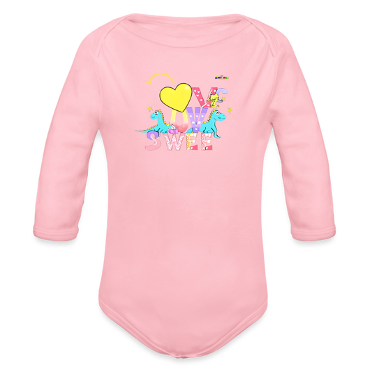 Cute Roaring with Love Dino Graphic Baby Organic long Sleeve Baby Bodysuit-mybrightsideclothing.com - light pink