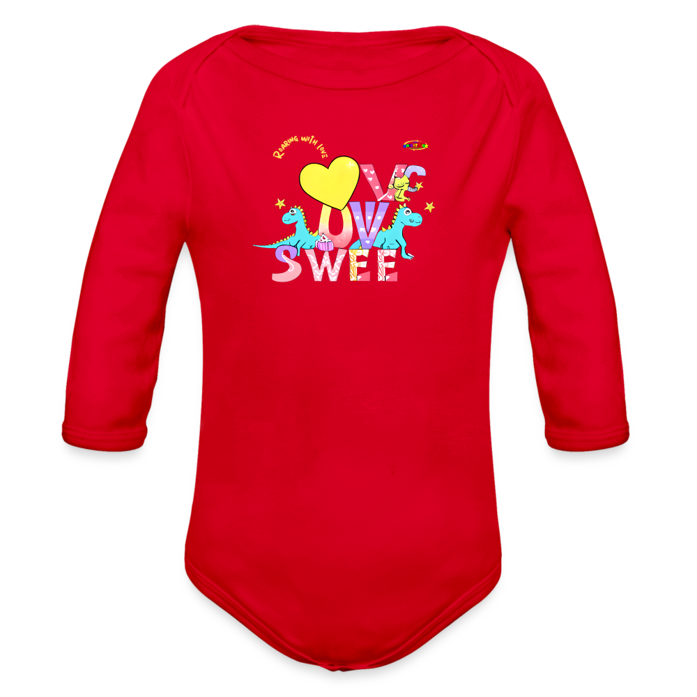 Cute Roaring with Love Dino Graphic Baby Organic long Sleeve Baby Bodysuit-mybrightsideclothing.com - red