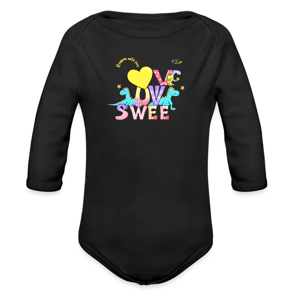 Cute Roaring with Love Dino Graphic Baby Organic long Sleeve Baby Bodysuit-mybrightsideclothing.com - black