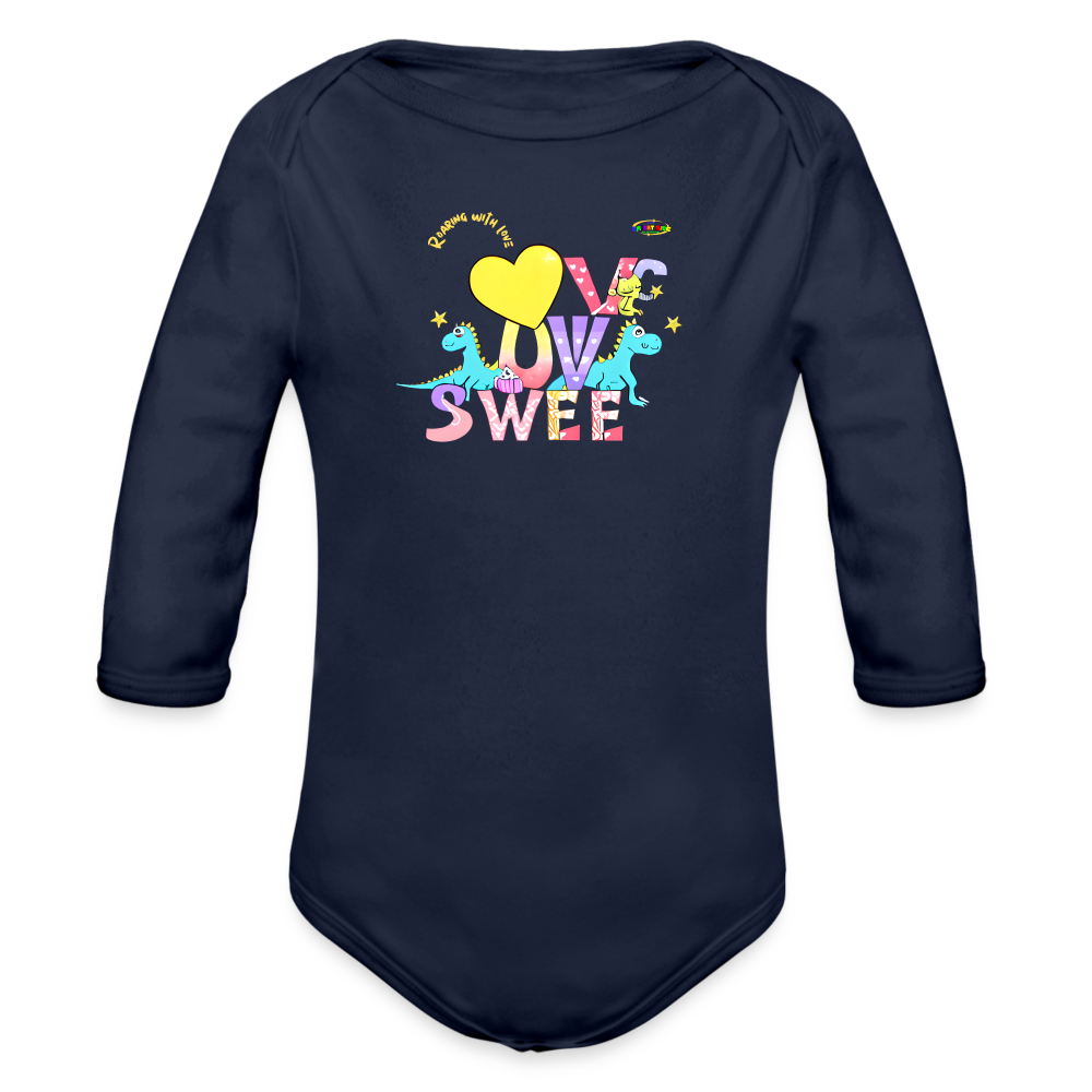 Cute Roaring with Love Dino Graphic Baby Organic long Sleeve Baby Bodysuit-mybrightsideclothing.com - dark navy