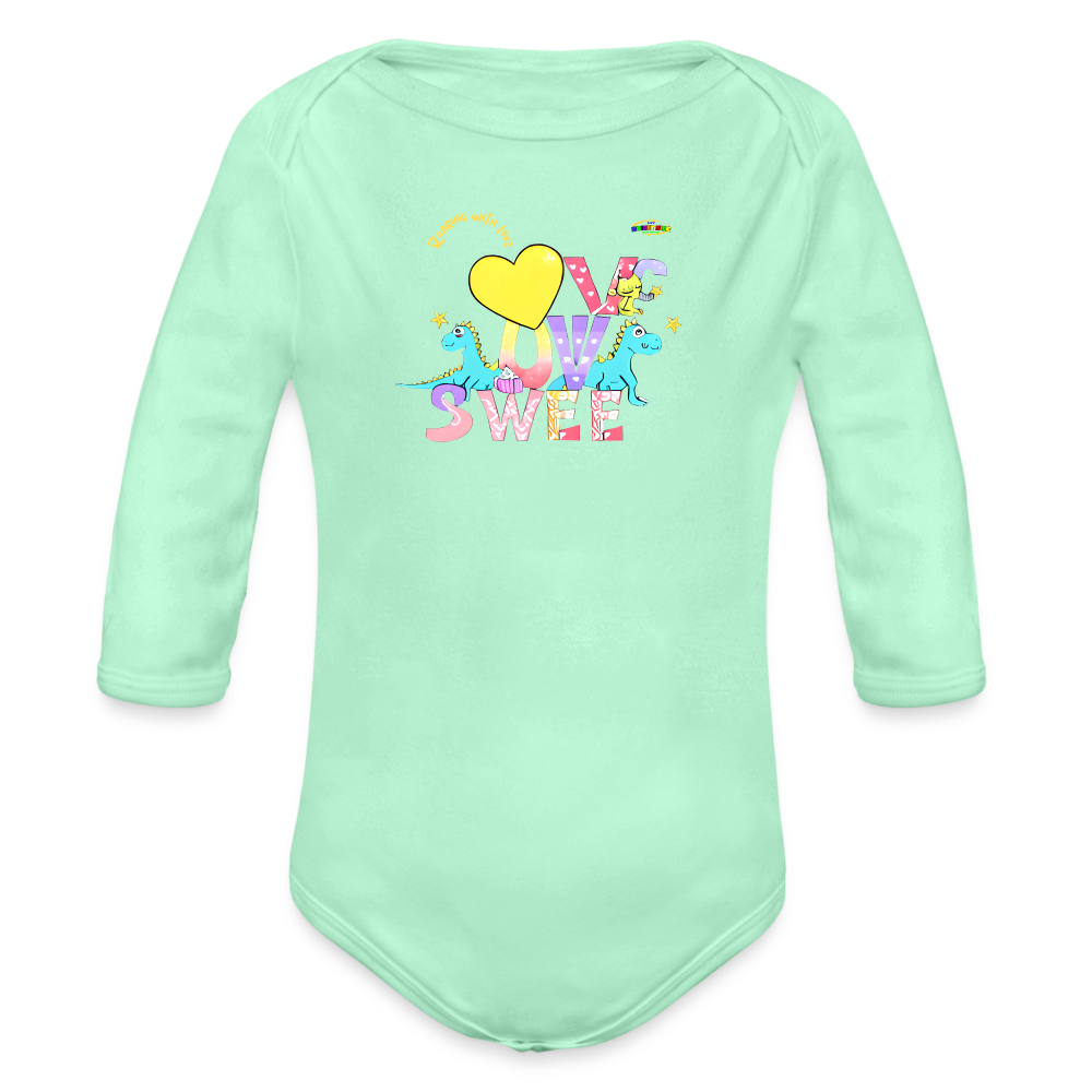 Cute Roaring with Love Dino Graphic Baby Organic long Sleeve Baby Bodysuit-mybrightsideclothing.com - light mint