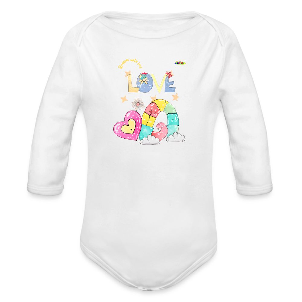 Cute Roaring with Love Dino Graphic Baby Organic long Sleeve Baby Bodysuit-mybrightsideclothing.comaby Bodysuit-mybrightsideclothing.com - white