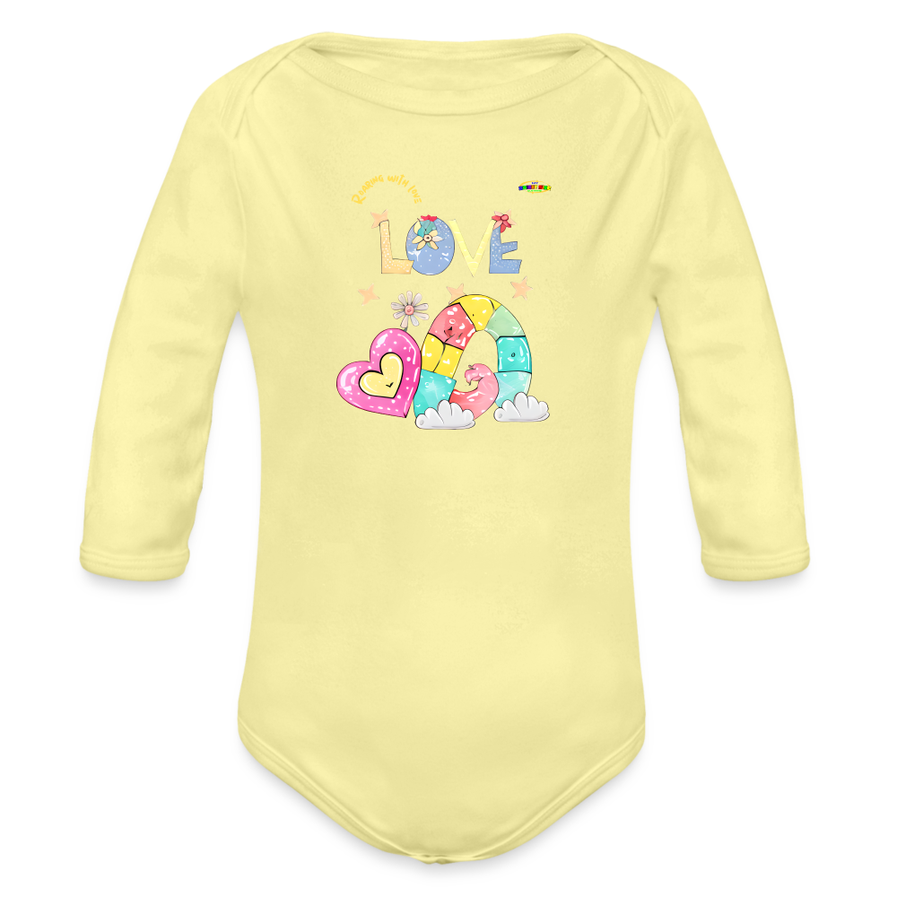 Cute Roaring with Love Dino Graphic Baby Organic long Sleeve Baby Bodysuit-mybrightsideclothing.comaby Bodysuit-mybrightsideclothing.com - washed yellow