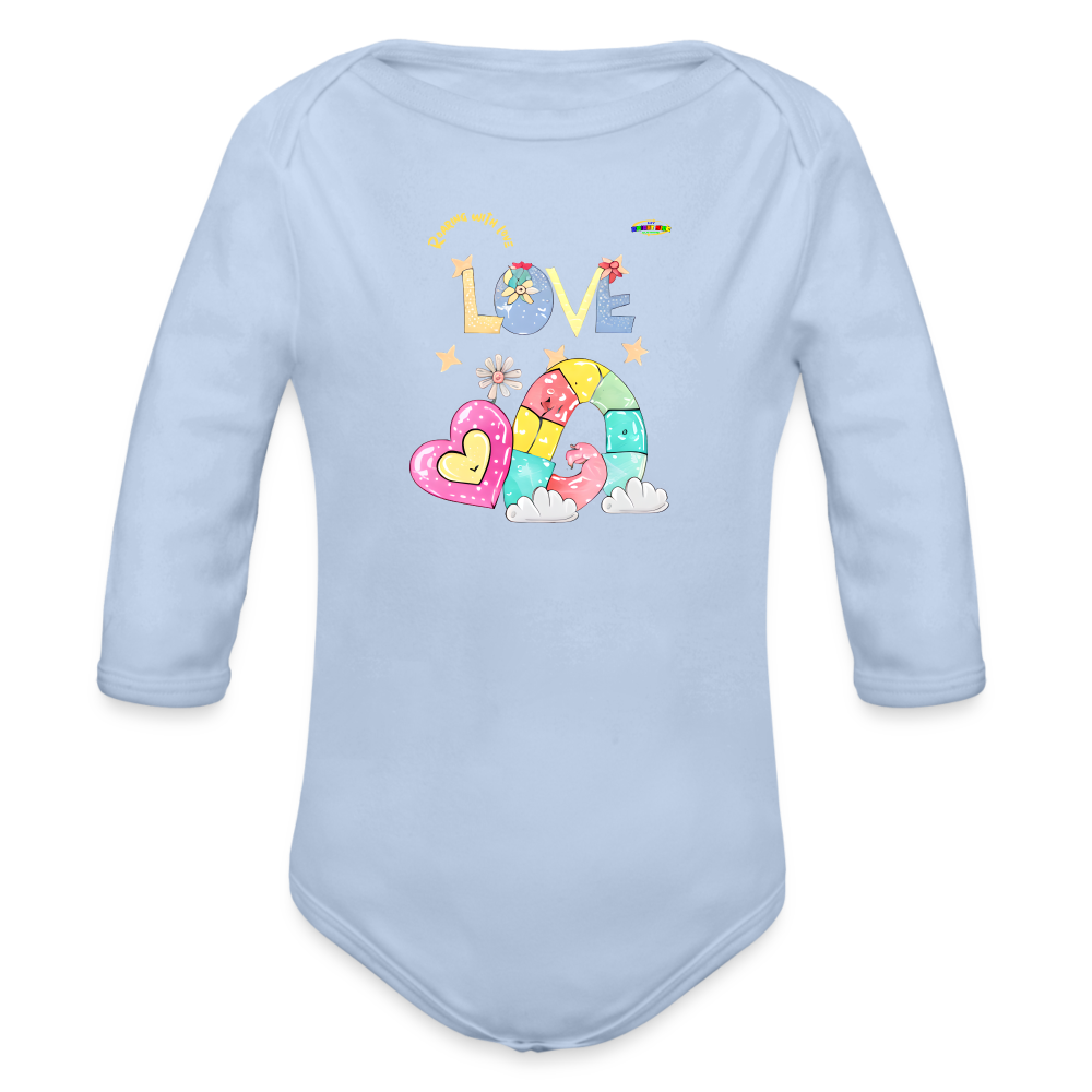 Cute Roaring with Love Dino Graphic Baby Organic long Sleeve Baby Bodysuit-mybrightsideclothing.comaby Bodysuit-mybrightsideclothing.com - sky