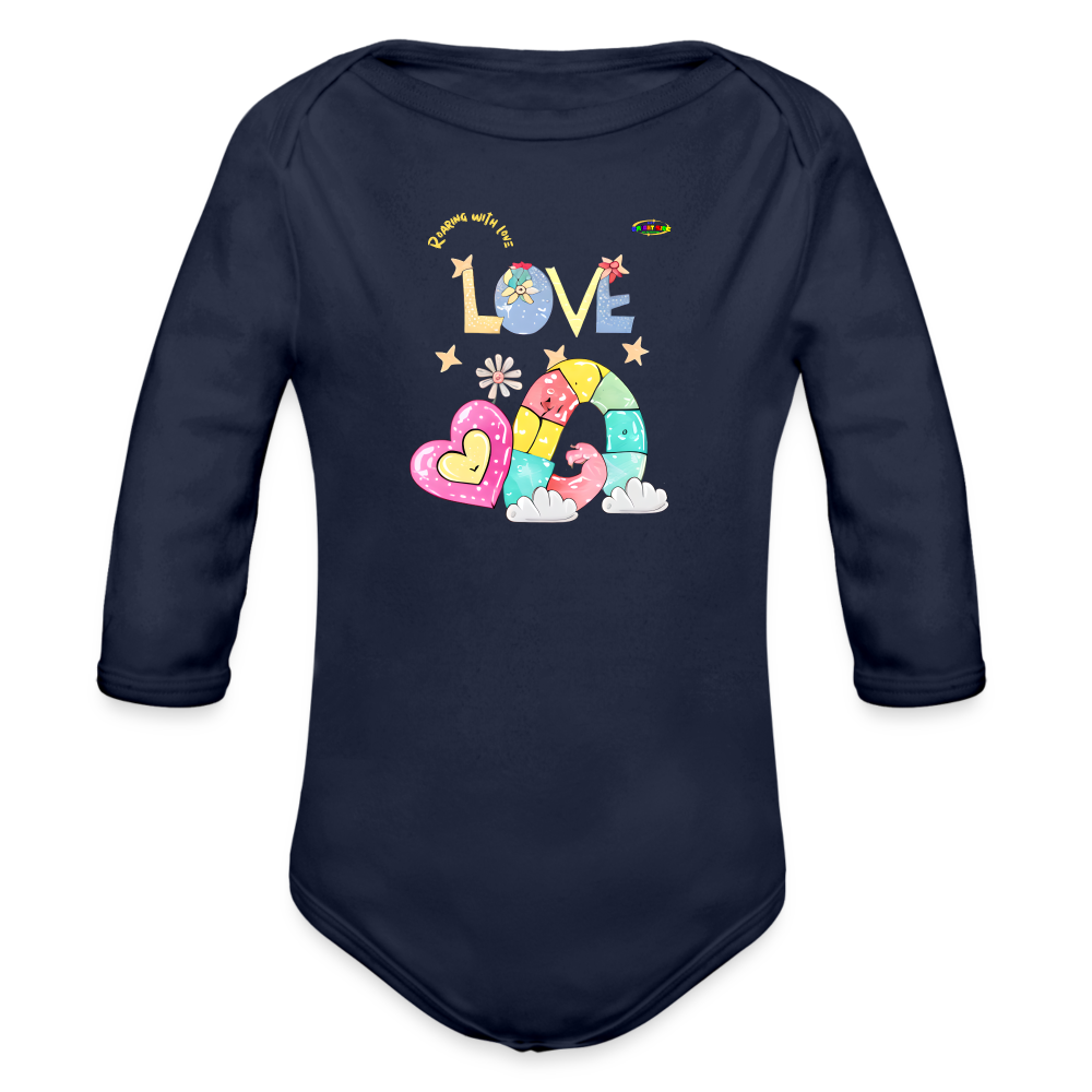 Cute Roaring with Love Dino Graphic Baby Organic long Sleeve Baby Bodysuit-mybrightsideclothing.comaby Bodysuit-mybrightsideclothing.com - dark navy