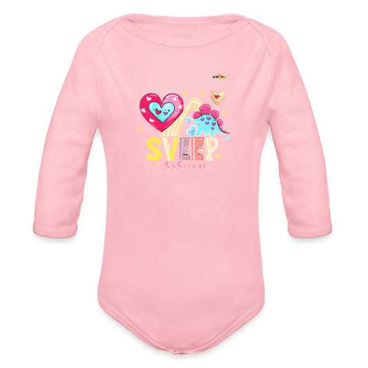 Cute Roaring with Love Dino Graphic Baby Organic long Sleeve Baby Bodysuit-mybrightsideclothing.com - light pink