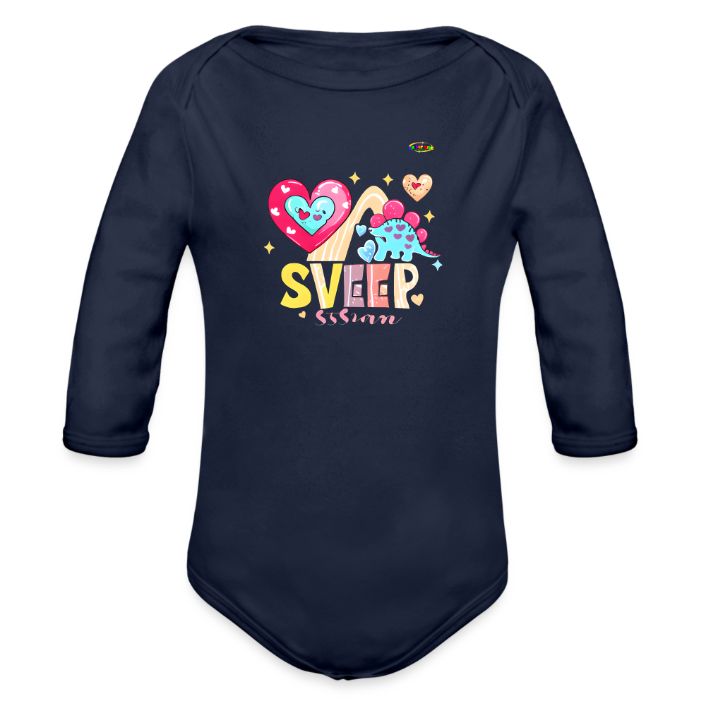 Cute Roaring with Love Dino Graphic Baby Organic long Sleeve Baby Bodysuit-mybrightsideclothing.com - dark navy