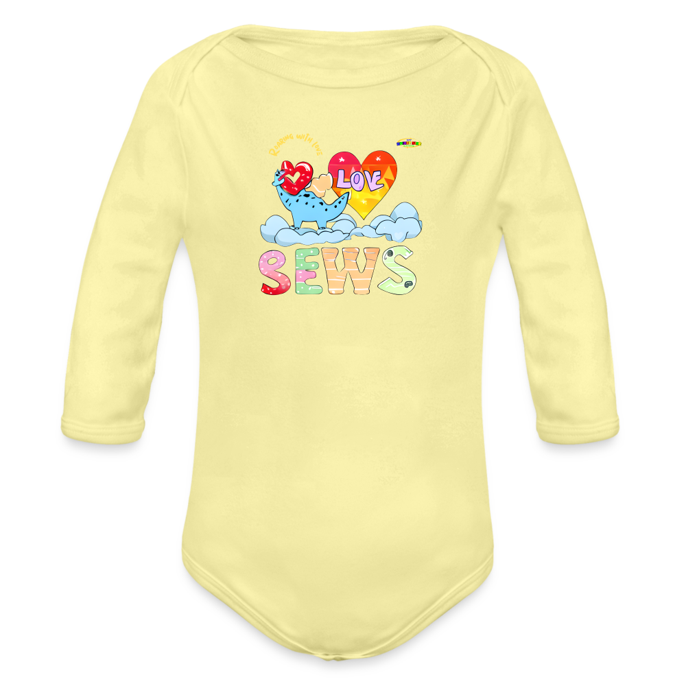 Cute Roaring with Love Dino Graphic Baby Organic long Sleeve Baby Bodysuit-mybrightsideclothing.com - washed yellow