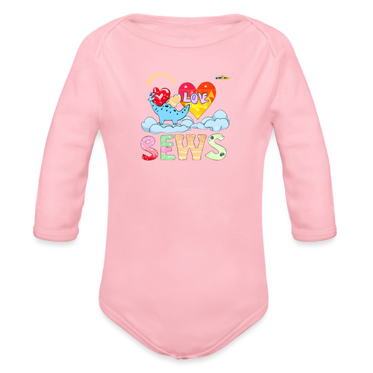 Cute Roaring with Love Dino Graphic Baby Organic long Sleeve Baby Bodysuit-mybrightsideclothing.com - light pink