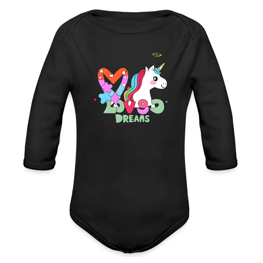 Cute Magical Dreams Unicorn Graphic Baby Organic Long Sleeve Baby Bodysuit-mybrightsideclothing.com - black