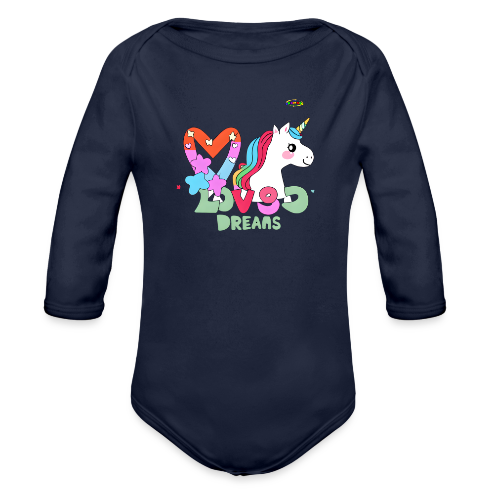 Cute Magical Dreams Unicorn Graphic Baby Organic Long Sleeve Baby Bodysuit-mybrightsideclothing.com - dark navy