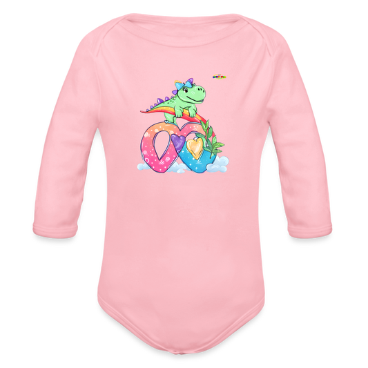 Cute Roaring with love dino Graphic Baby Organic Long Sleeve Baby Bodysuit-mybrightsideclothing.com - light pink