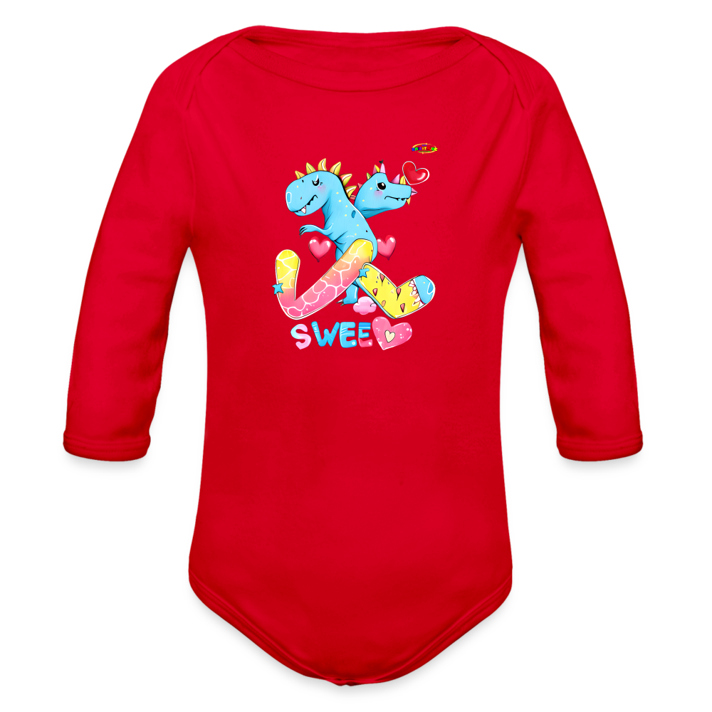 Cute Roaring with Sweet Love Dino Graphic Baby Organic long Sleeve Baby Bodysuit-mybrightsideclothing.com - red