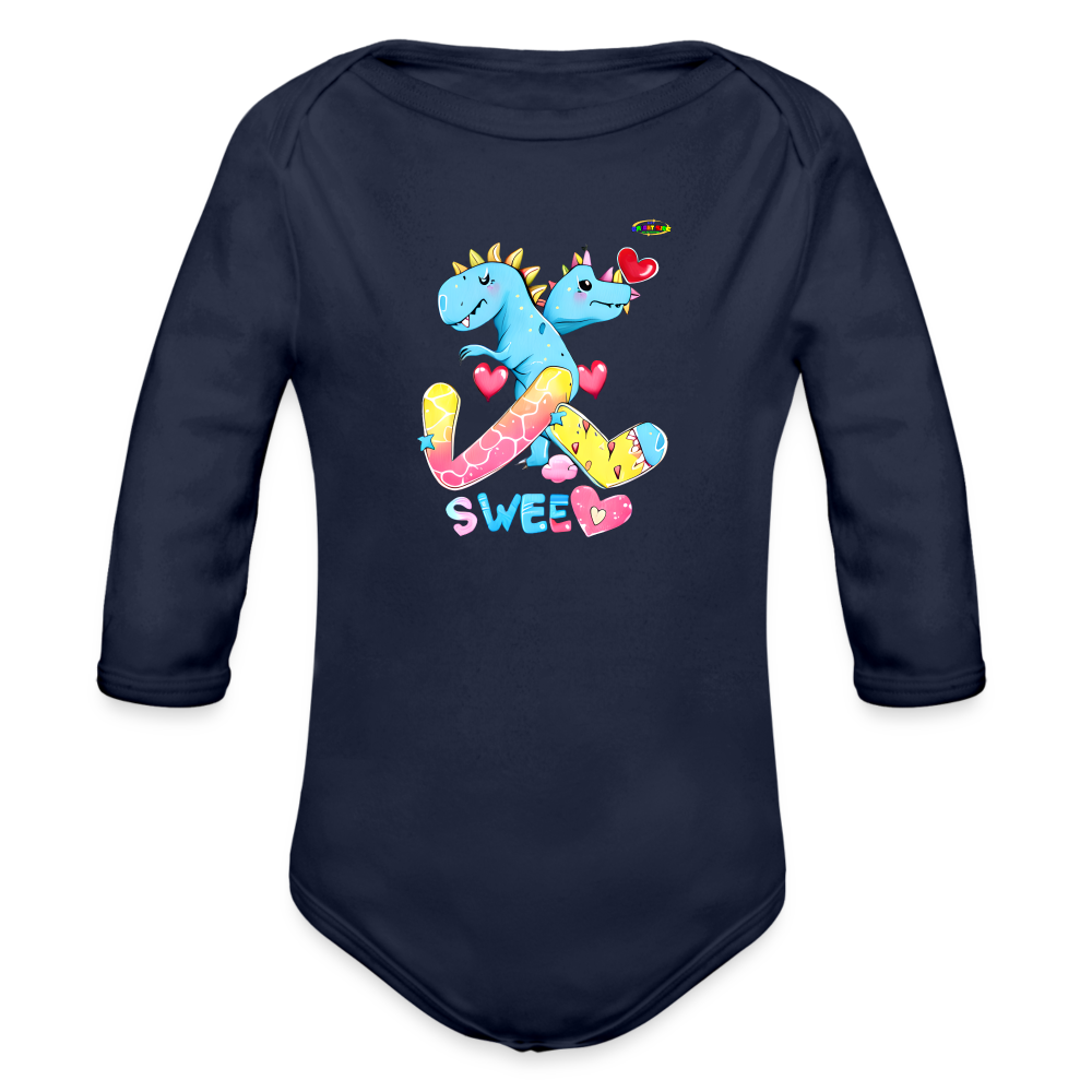 Cute Roaring with Sweet Love Dino Graphic Baby Organic long Sleeve Baby Bodysuit-mybrightsideclothing.com - dark navy