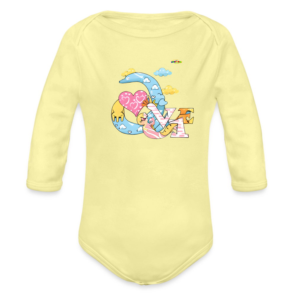 Cute Roaring with Love Dino Graphic Baby Organic long Sleeve Baby Bodysuit-mybrightsideclothing.com - washed yellow