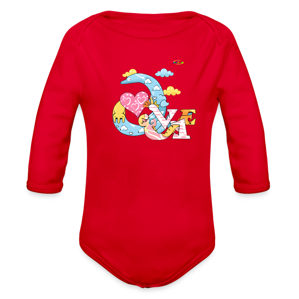 Cute Roaring with Love Dino Graphic Baby Organic long Sleeve Baby Bodysuit-mybrightsideclothing.com - red