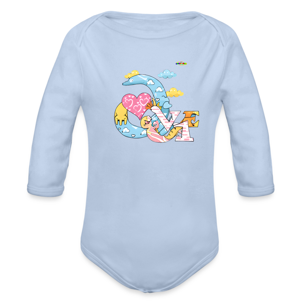 Cute Roaring with Love Dino Graphic Baby Organic long Sleeve Baby Bodysuit-mybrightsideclothing.com - sky