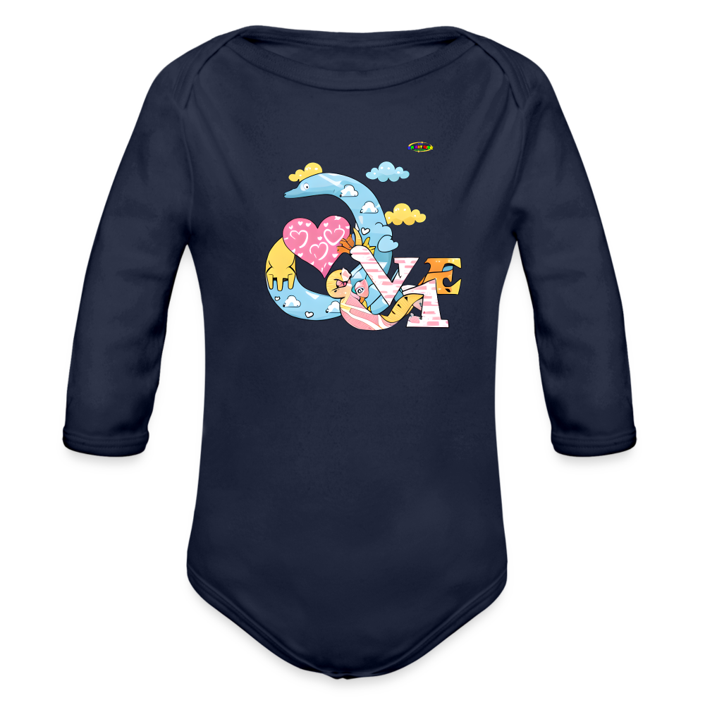 Cute Roaring with Love Dino Graphic Baby Organic long Sleeve Baby Bodysuit-mybrightsideclothing.com - dark navy