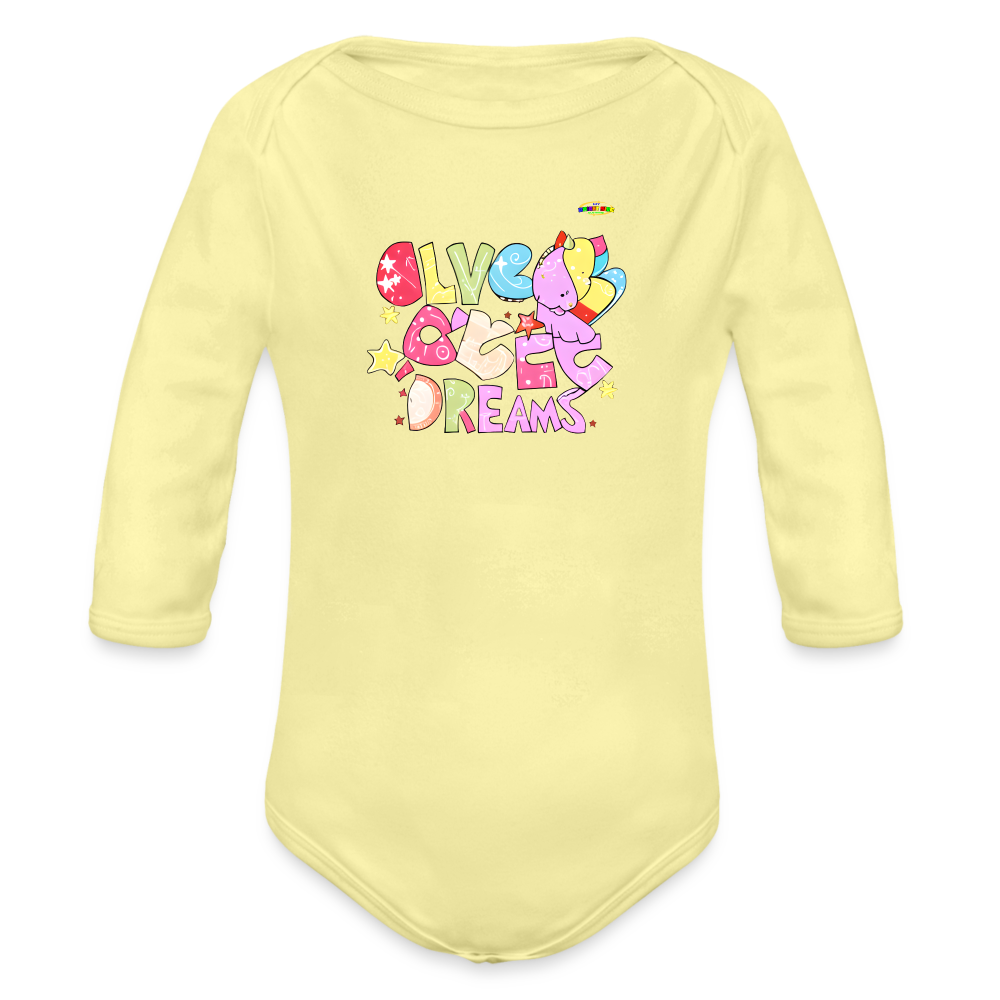 Cute Sweet Dreams Dino Graphic Baby Organic long Sleeve Baby Bodysuit-mybrightsideclothing.com - washed yellow