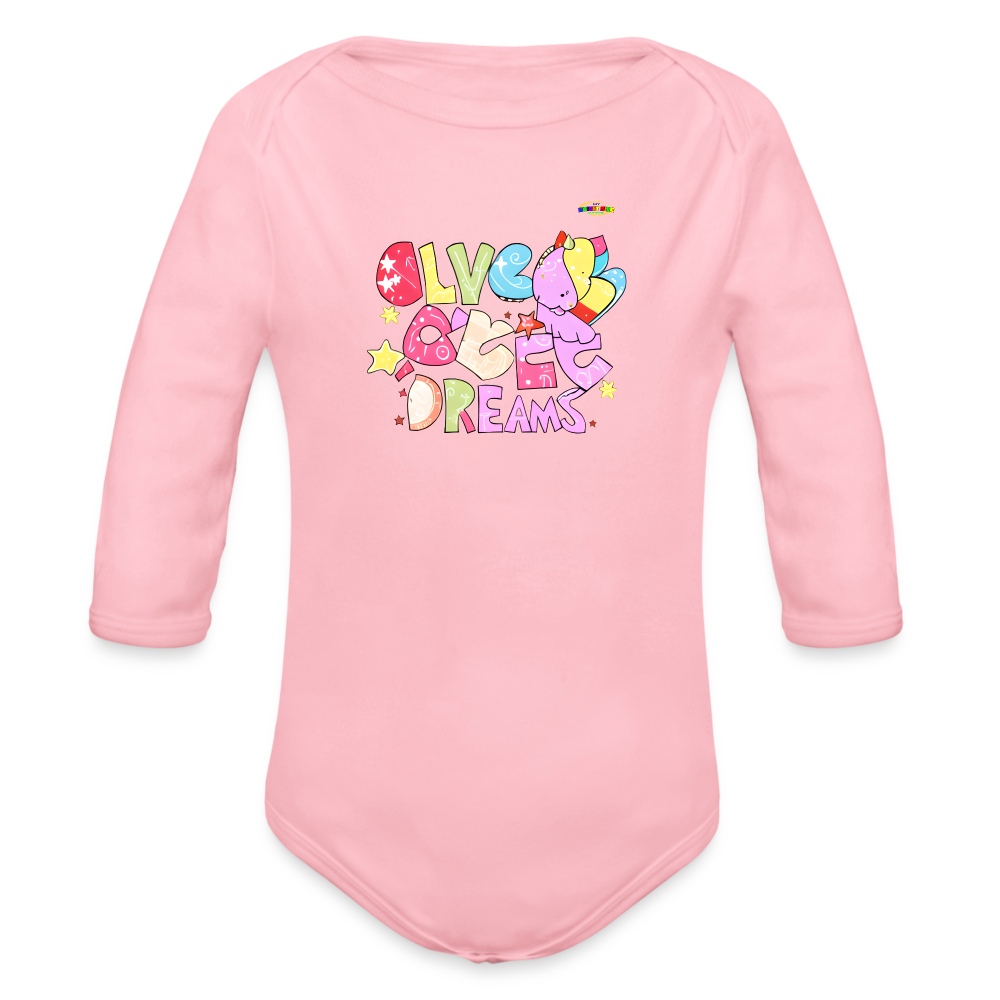 Cute Sweet Dreams Dino Graphic Baby Organic long Sleeve Baby Bodysuit-mybrightsideclothing.com - light pink