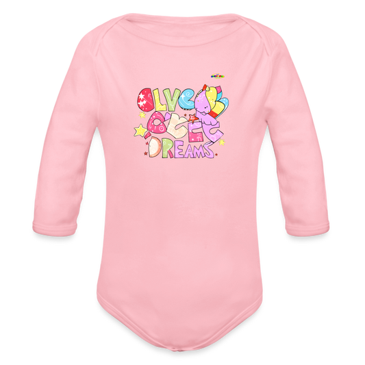 Cute Sweet Dreams Dino Graphic Baby Organic long Sleeve Baby Bodysuit-mybrightsideclothing.com - light pink