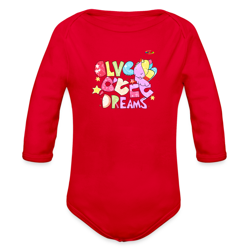 Cute Sweet Dreams Dino Graphic Baby Organic long Sleeve Baby Bodysuit-mybrightsideclothing.com - red