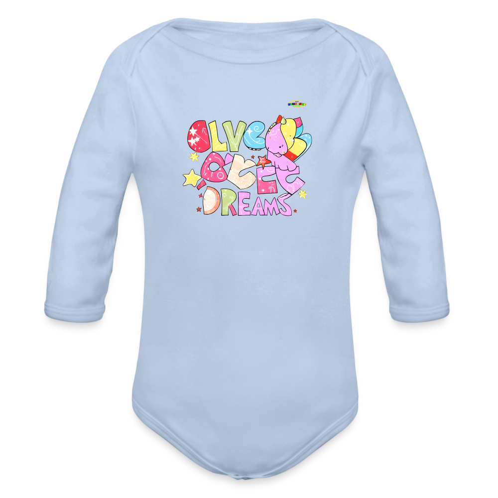 Cute Sweet Dreams Dino Graphic Baby Organic long Sleeve Baby Bodysuit-mybrightsideclothing.com - sky