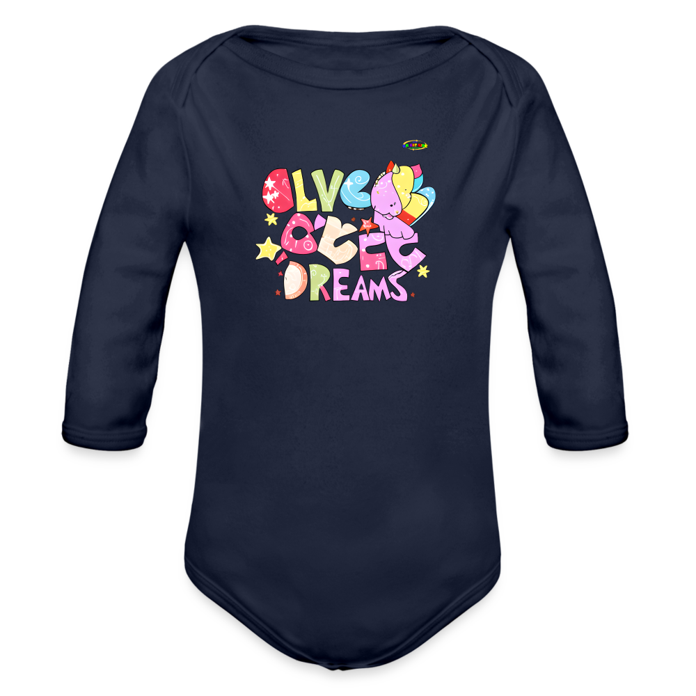 Cute Sweet Dreams Dino Graphic Baby Organic long Sleeve Baby Bodysuit-mybrightsideclothing.com - dark navy