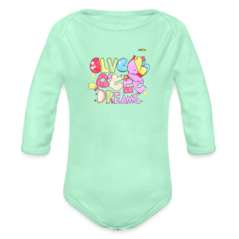 Cute Sweet Dreams Dino Graphic Baby Organic long Sleeve Baby Bodysuit-mybrightsideclothing.com - light mint